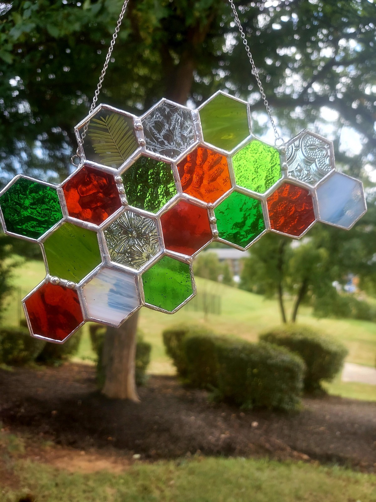 Stained Glass Holiday honeycomb Suncatcher Pressed Fern Festive Xmas Decor Santa