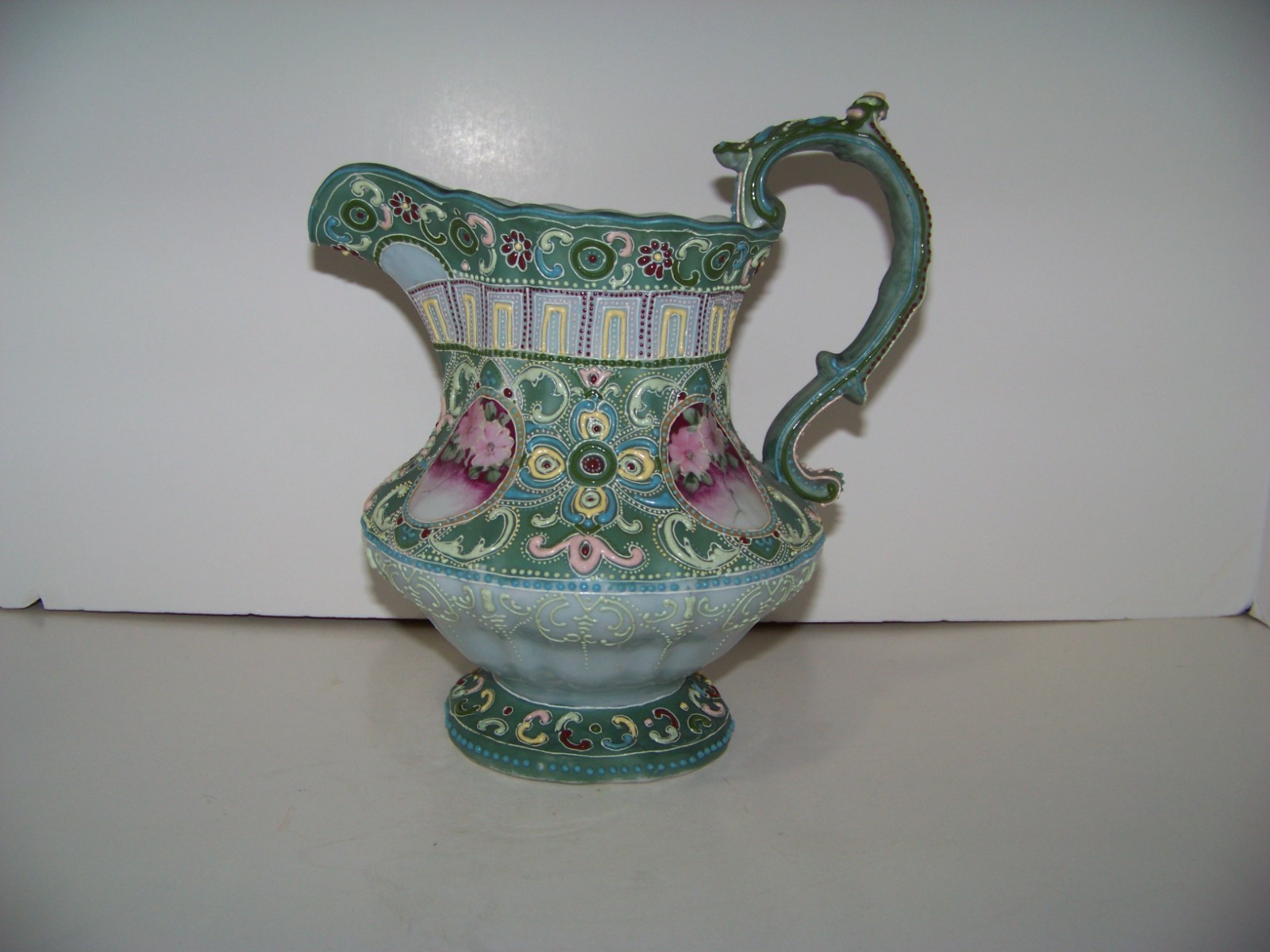 Antique Nippon Antique Heavy Moriage Hand Painted 8 3/8” Pitcher - Unmarked Antique Nippon Antique Heavy Moriage Hand Painted 8 3/8” Pitcher - Unmarked
