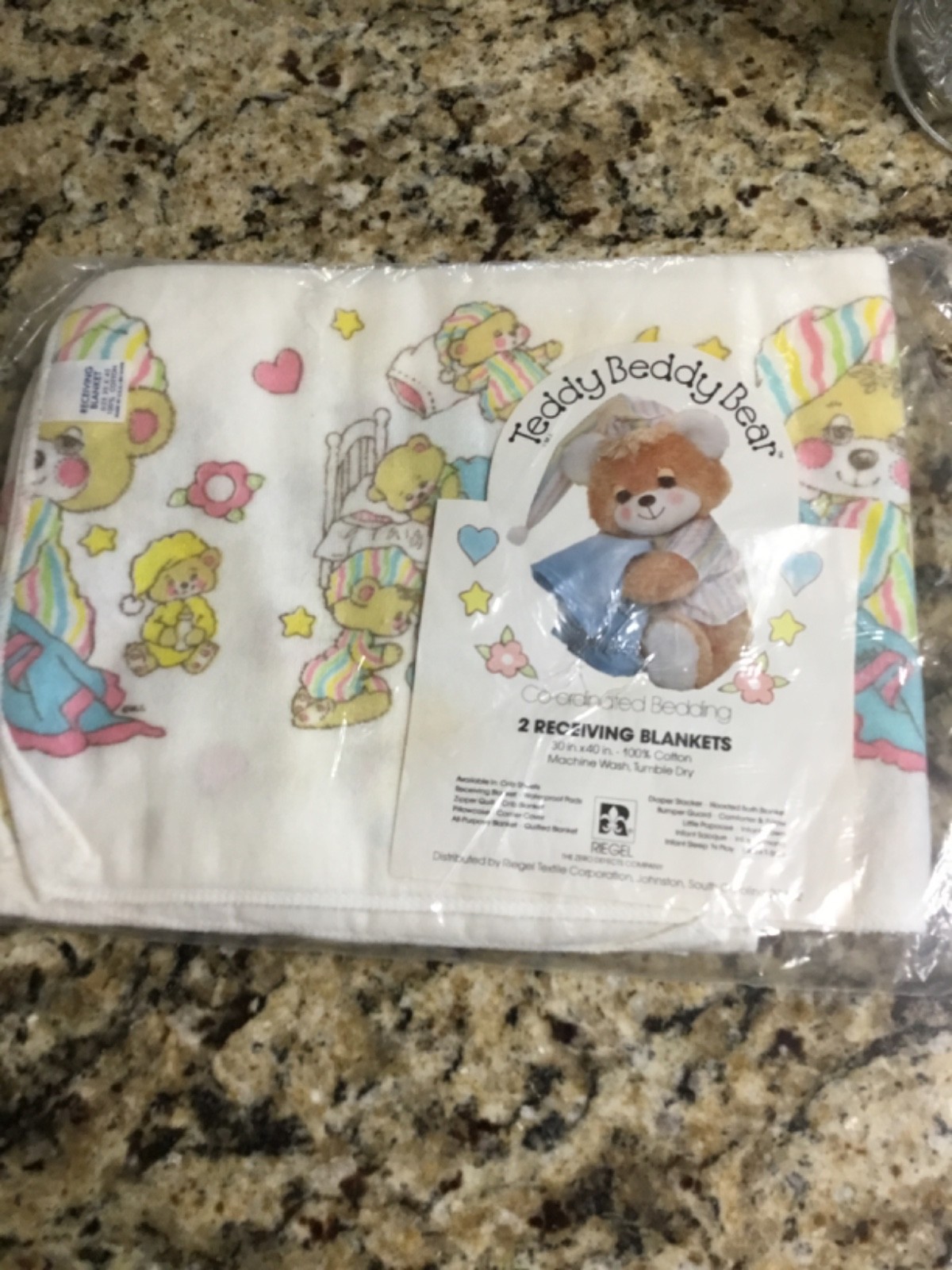 NIP Vtg Riegel Teddy Beddy Bear Collection 2pc Receiving Blankets Cotton 30x40\