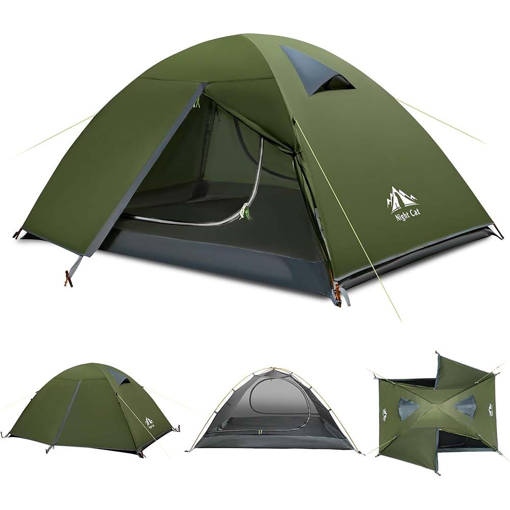 Night Cat 2 Person Backpacking Camping Tent with Aluminum Poles Rainfly Green