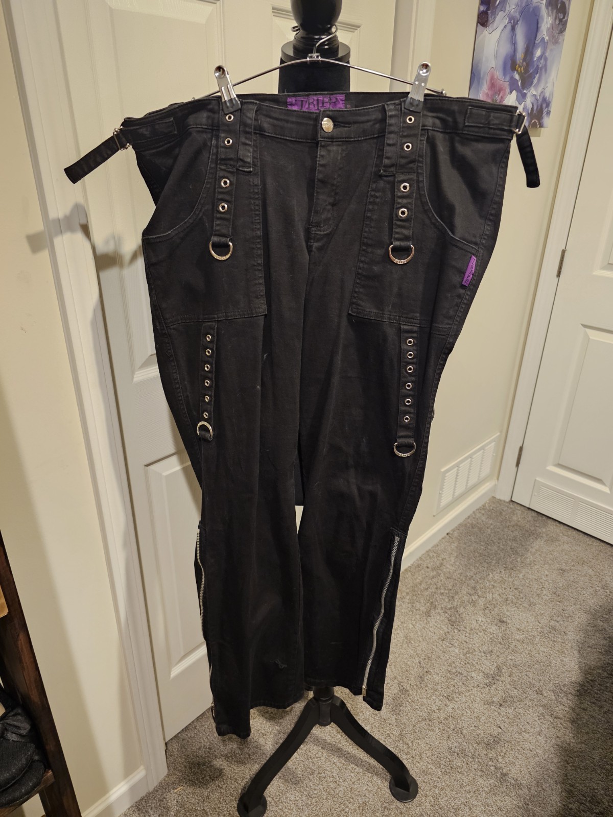 Vintage 00s Tripp NYC Black Cargo Jeans Overalls with Grommet Straps And Chains