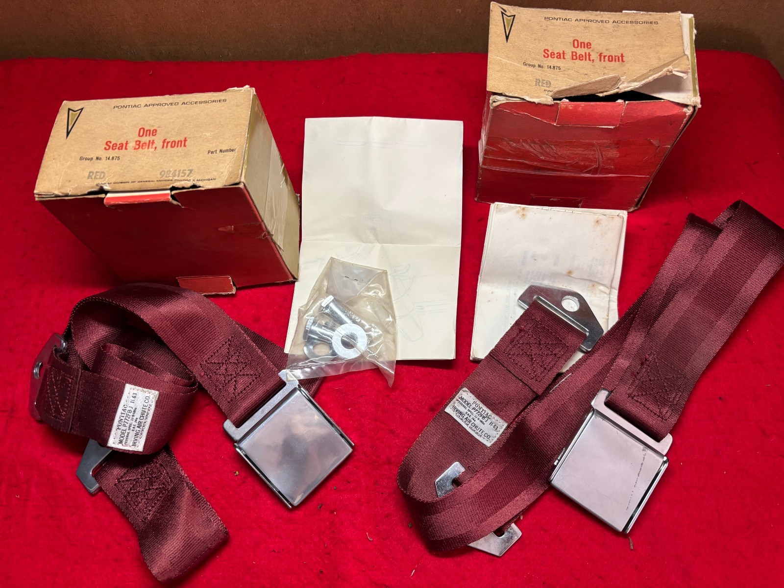 NOS 1964-1966 PONTIAC GTO TEMPEST LEMANS GP IRVING AIR CHUTE SEAT BELTS MAROON