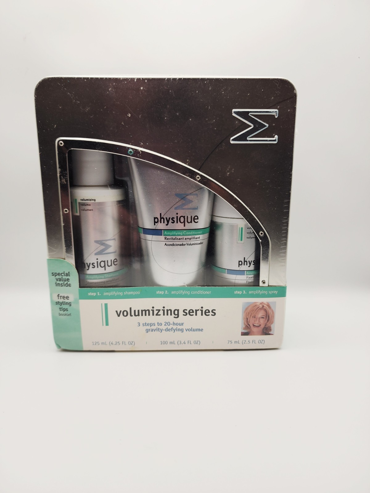 Physique Volumizing Series Amplifying Shampoo Conditioner Spray 3pc Tin New