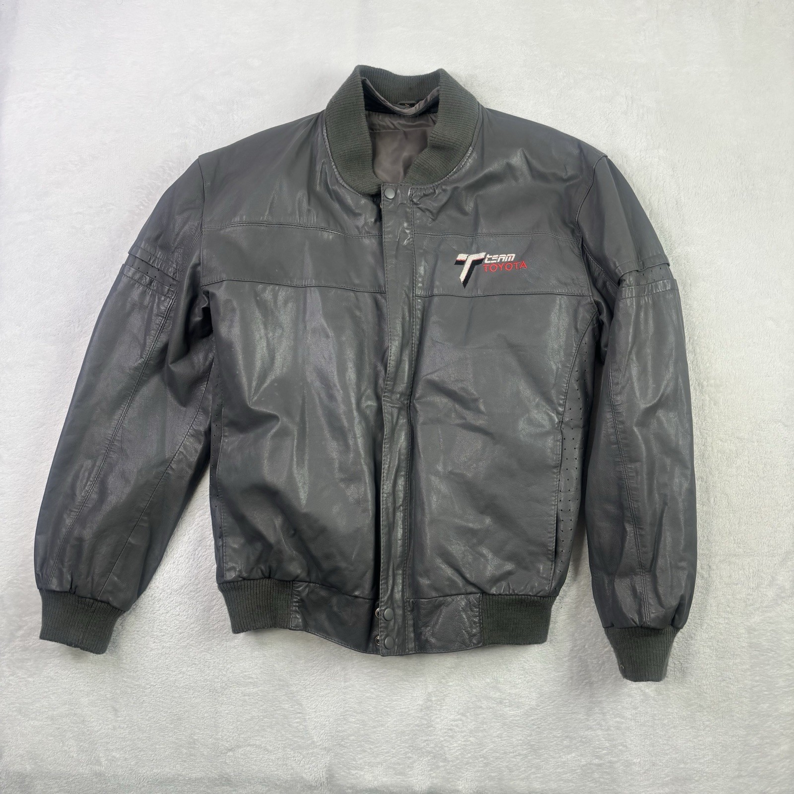 VTG 80s Team Toyota Grey Full Zip Long Sleeve Leather Jacket Motorcycle SZ Small