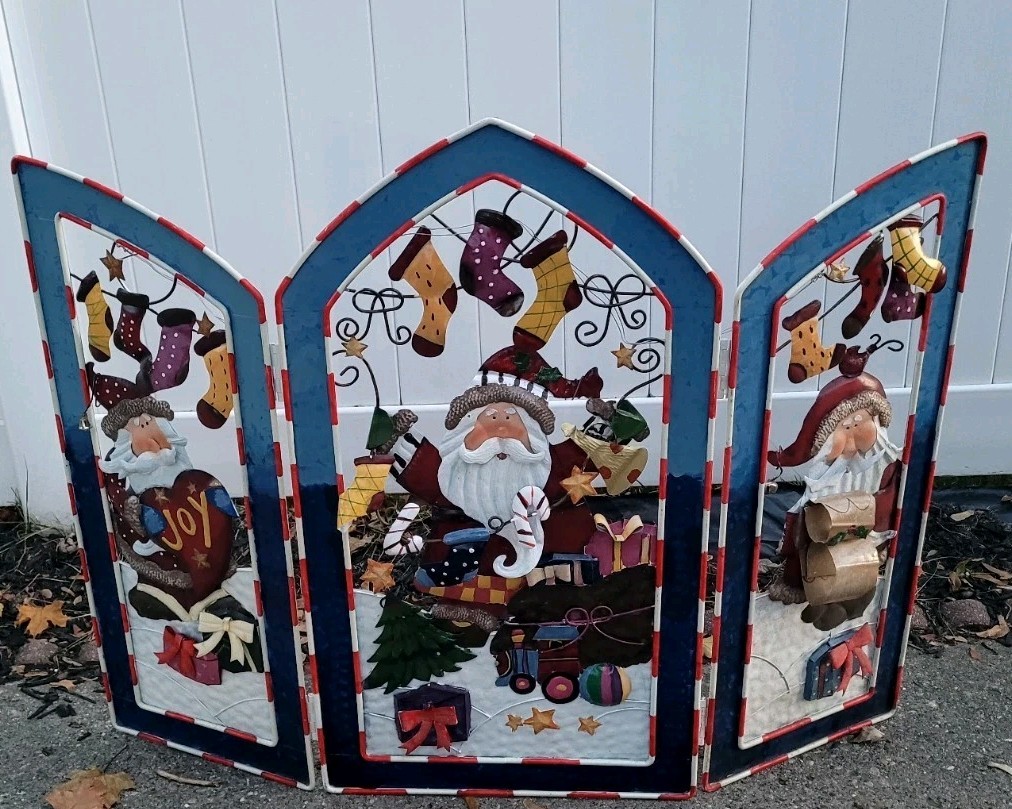 Vtg 2002 Grandeur Noel Christmas Fireplace Screen Trifold Metal Santa Claus