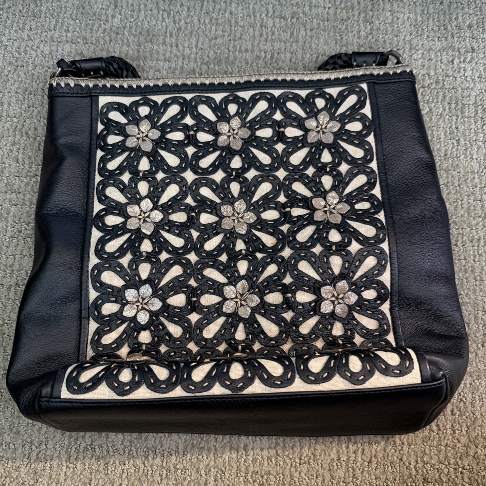 BRIGHTON Gloria Tote Shoulder Bag Black Soft Leather 3D Flowers