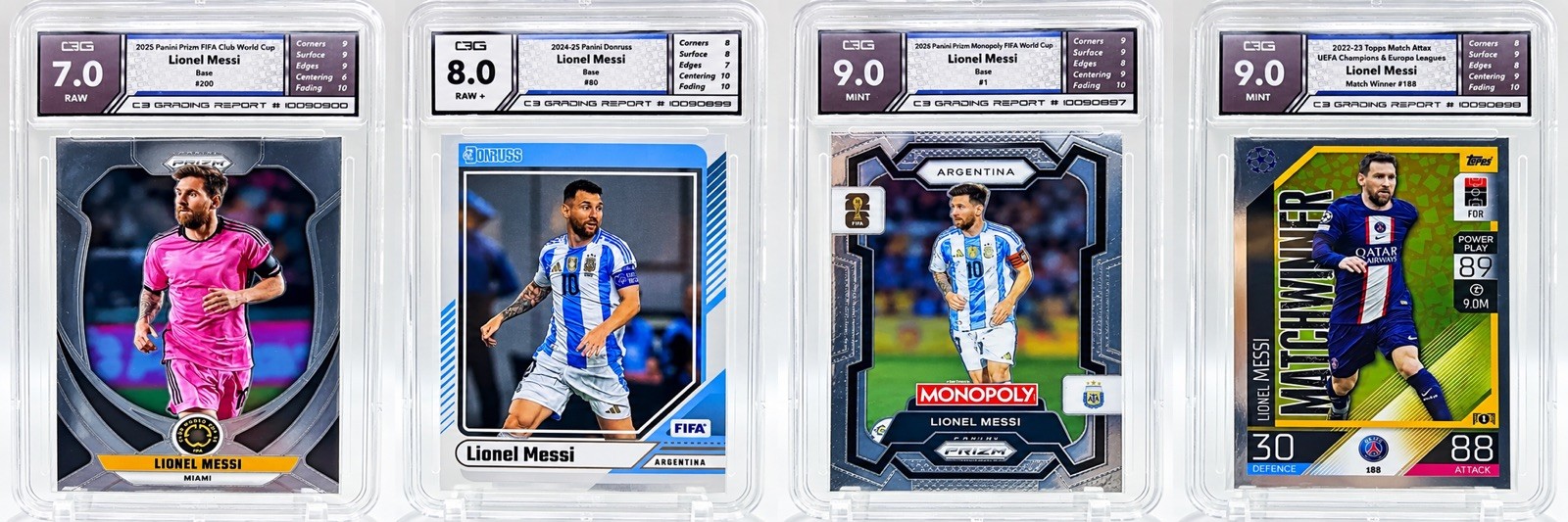 Lionel Messi Graded Lot of 4 Panini/Topps Match Attax Prizm Donruss
