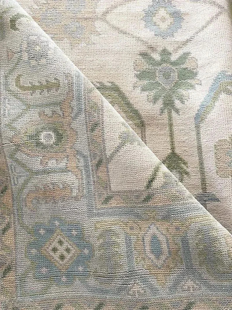 Hand Knotted Beige Oushak Rug: Blue & Green Wool Turkish Rug