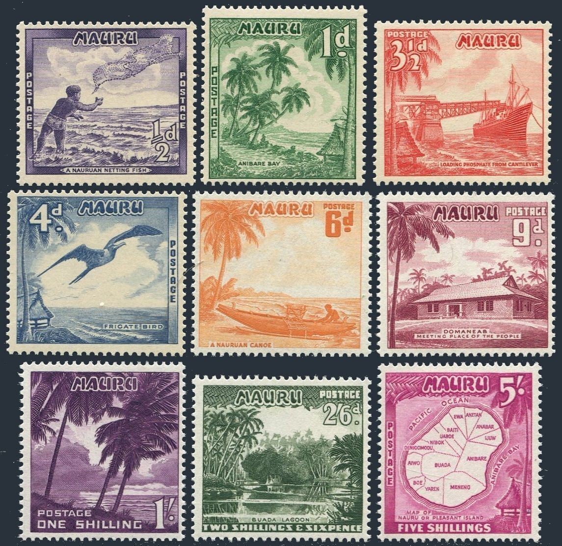 MINT 1954 NAURU PICTORIALS DEFINITIVES STAMP SET OF 9 MINT 1954 NAURU PICTORIALS DEFINITIVES STAMP SET OF 9