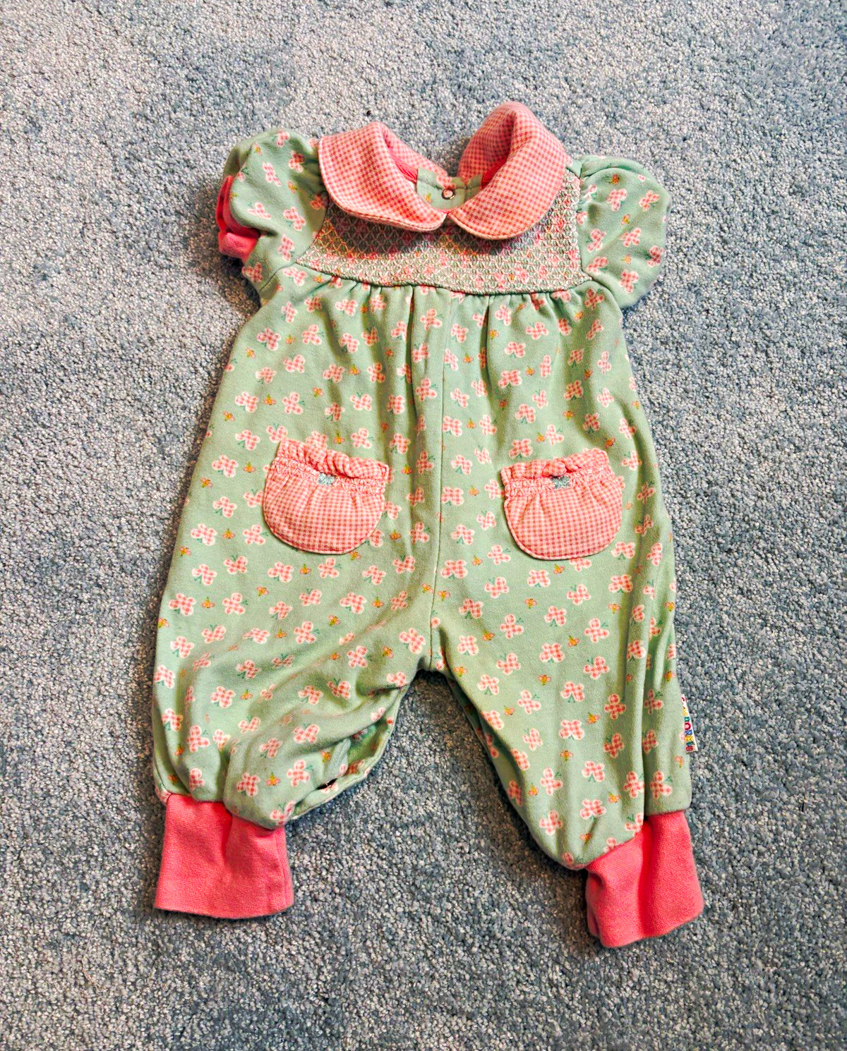 Vintage Gymboree Floral Smocked Collared Snap Coverall, Green/Pink Newborn