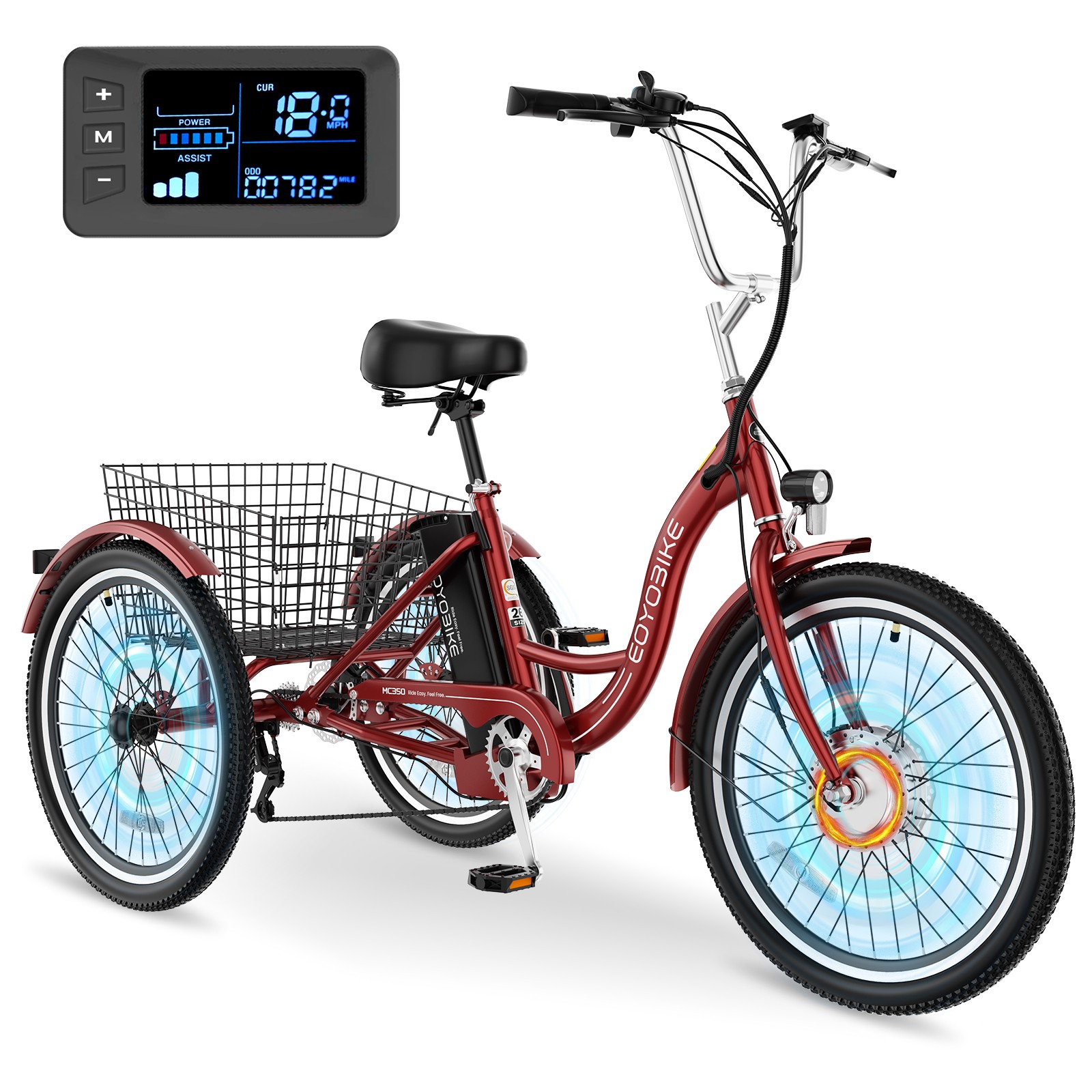 EOYOBIKE 24 in Adult Electric Trike Tricycle 350W Peak 700W 36V Lithium Battery