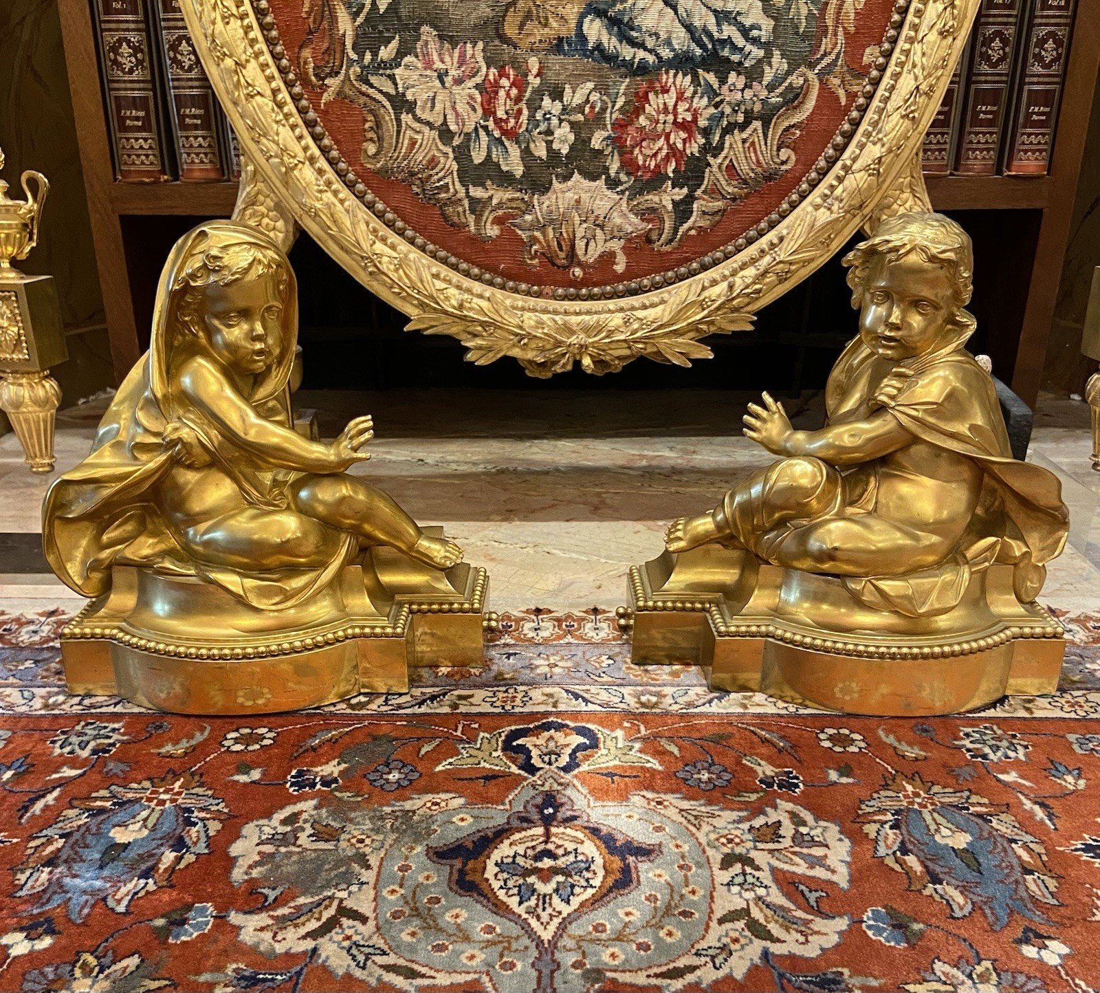 Rare Gilded Bronze Ormolu Chenets 19th C Putti “Allegory Of Winter” 12 Inch Wide