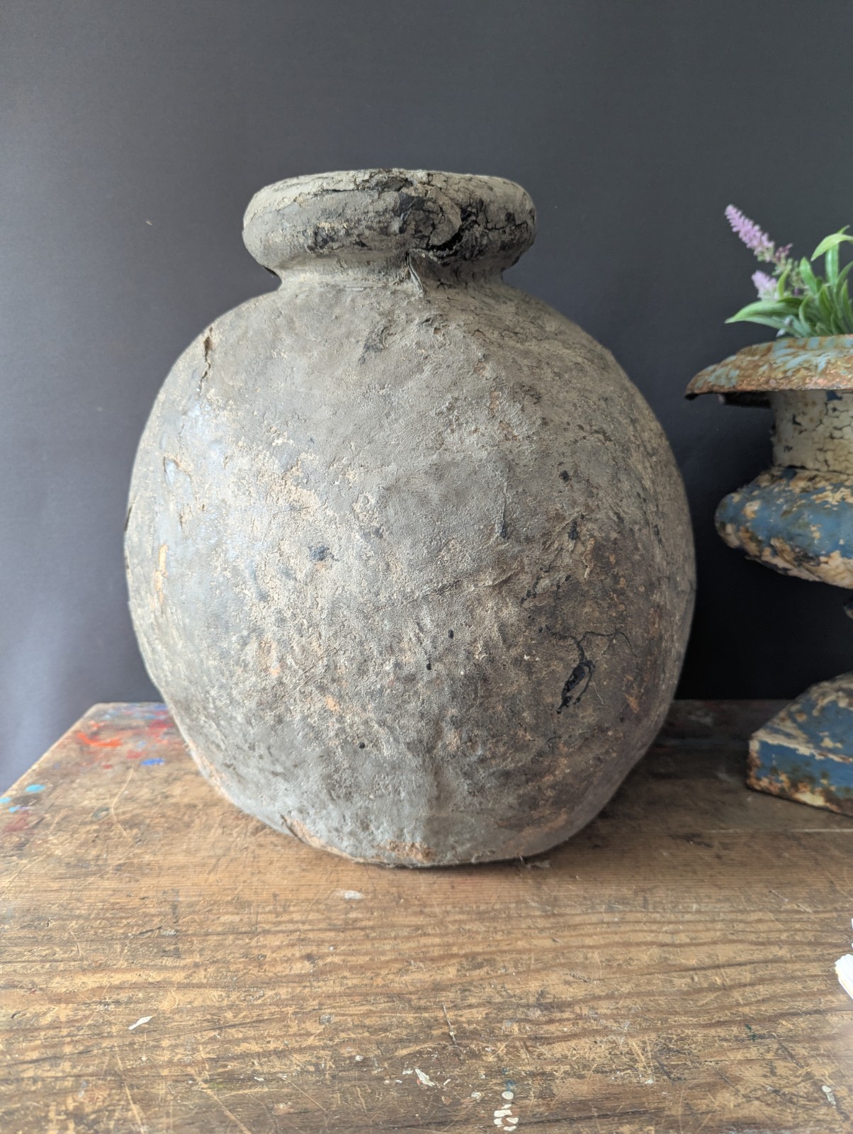 Antique Large old leather water vessel,pot, rustic, decorative, home