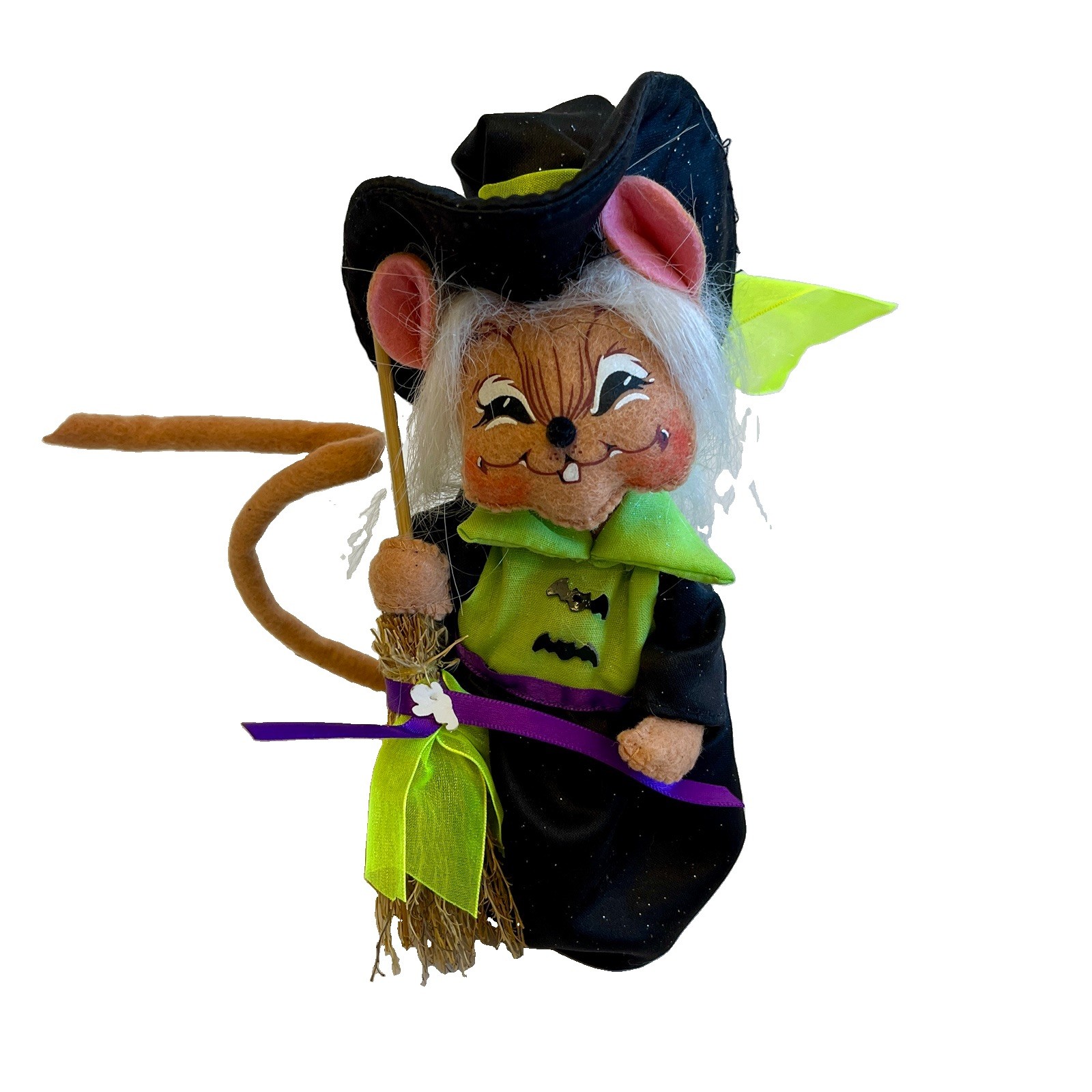 2009 Annalee Halloween Witch Mouse Doll Poseable Felt Figure w/ Broom Bats Ghost
