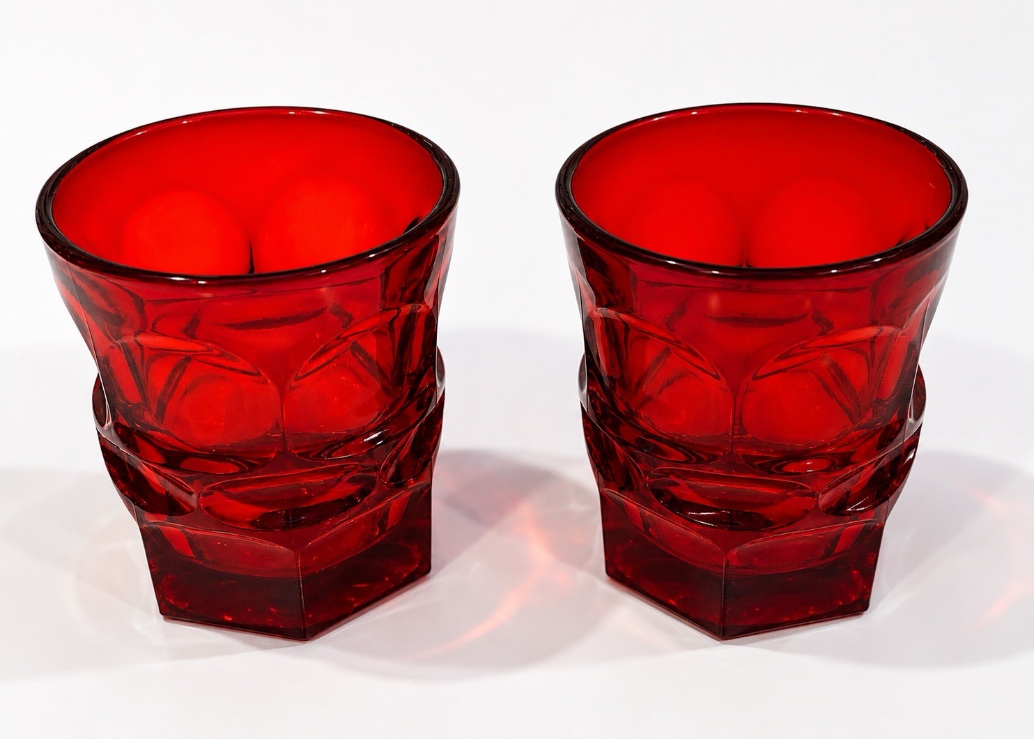 LOT OF 2 VTG FOSTORIA ARGUS RUBY RED GLASSWARE. 3.75”.  WATER/JUICE.  PERFECT