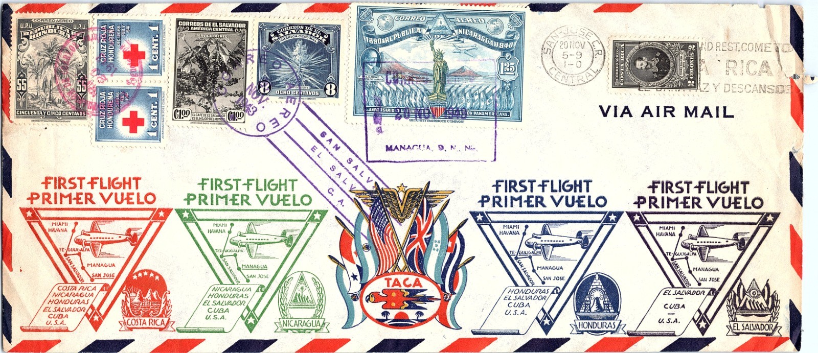 1943 Multi-Country TACA First Flight Cover El Salvador Nicaragua Costa Rica FFC