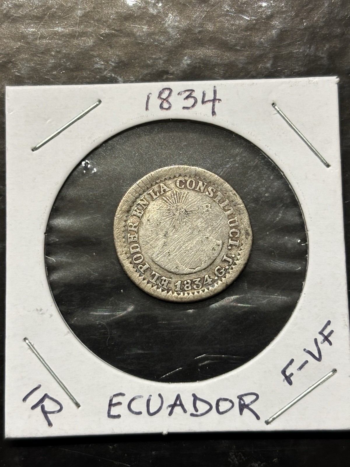 Ecuador 1 Real 1834 Coin 0.666 Silver F to VF Condition QUITE RARE.