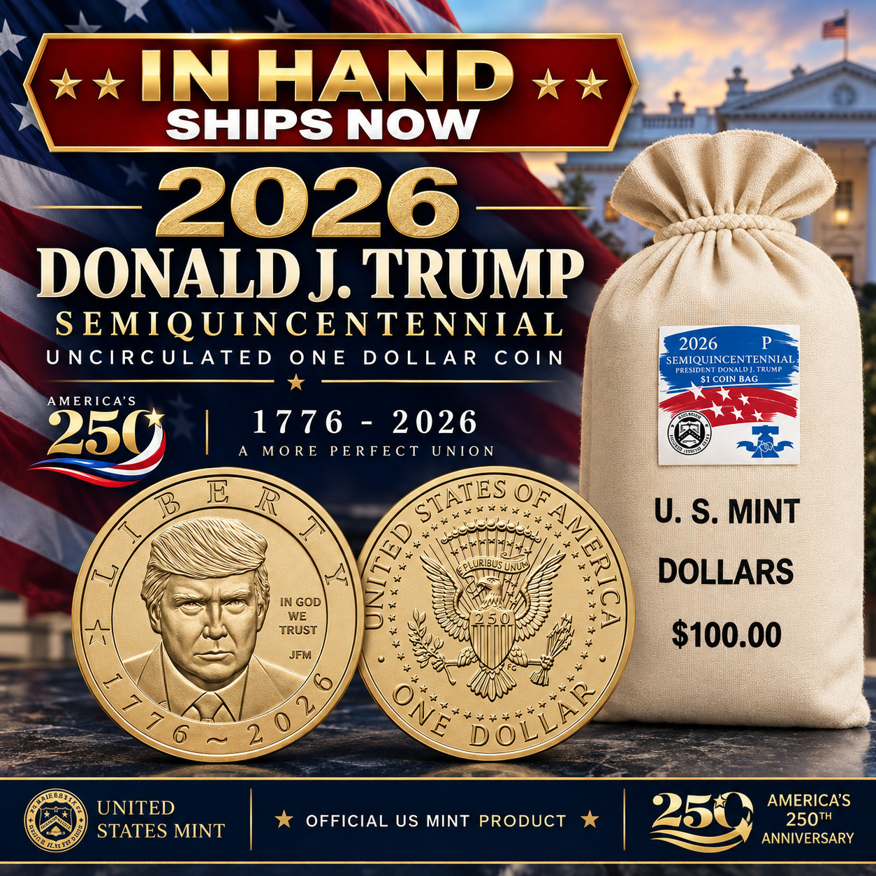IN HAND SHIPS NOW ✅ 2026 - P $1 Donald Trump Dollar Coin ~ Semiquincentennial 🦅
