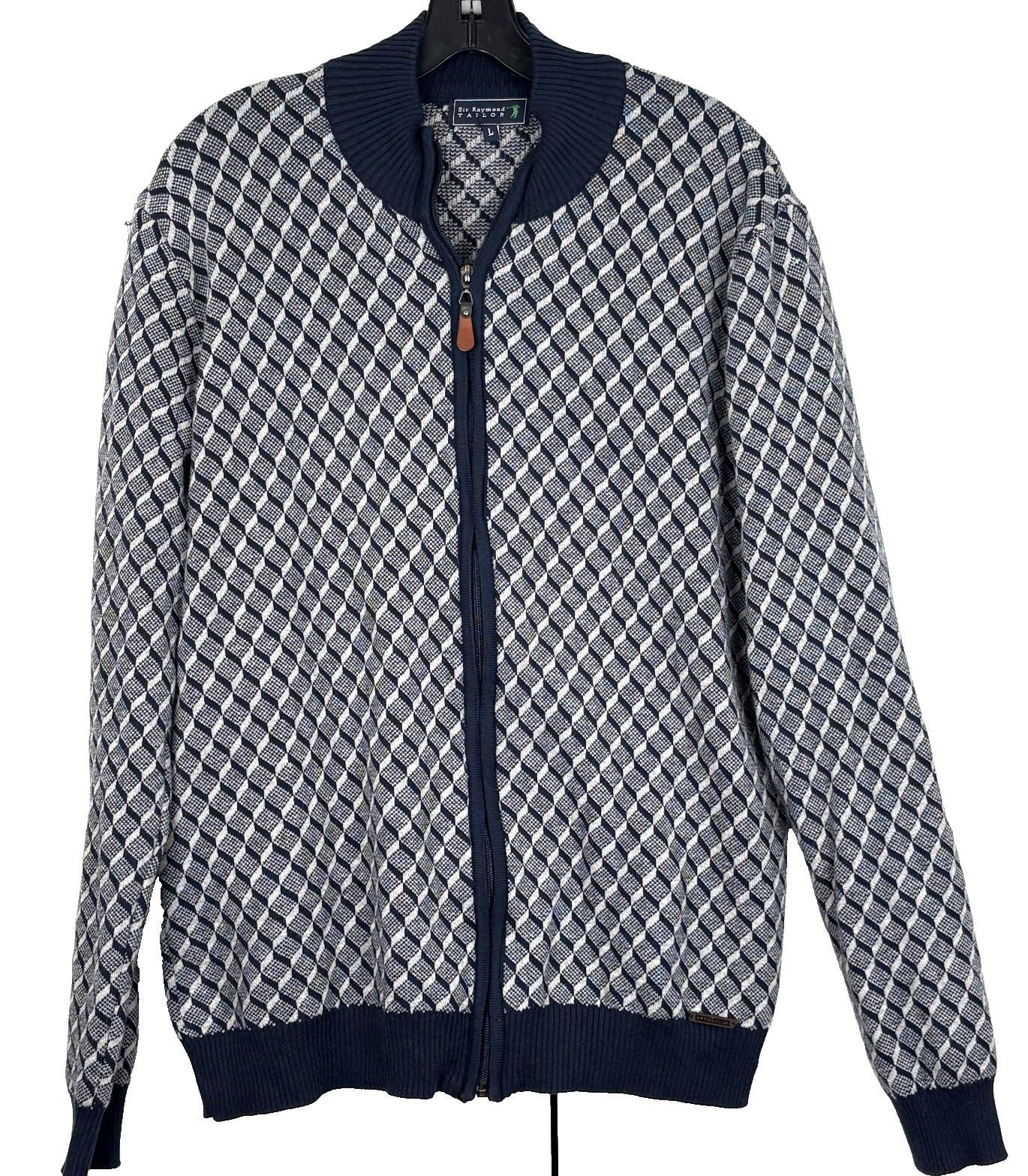 Sir Raymond Tailor Golf Club Full Zip Sweater Mens LARGE Blue Geometric Cotton