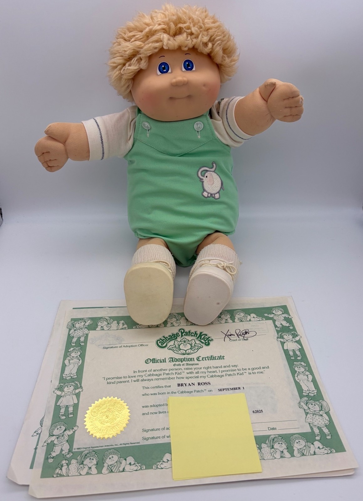 Vintage 1980s Coleco Cabbage Patch Kids Bryan Ross Boy Doll Adoption Paper Blond