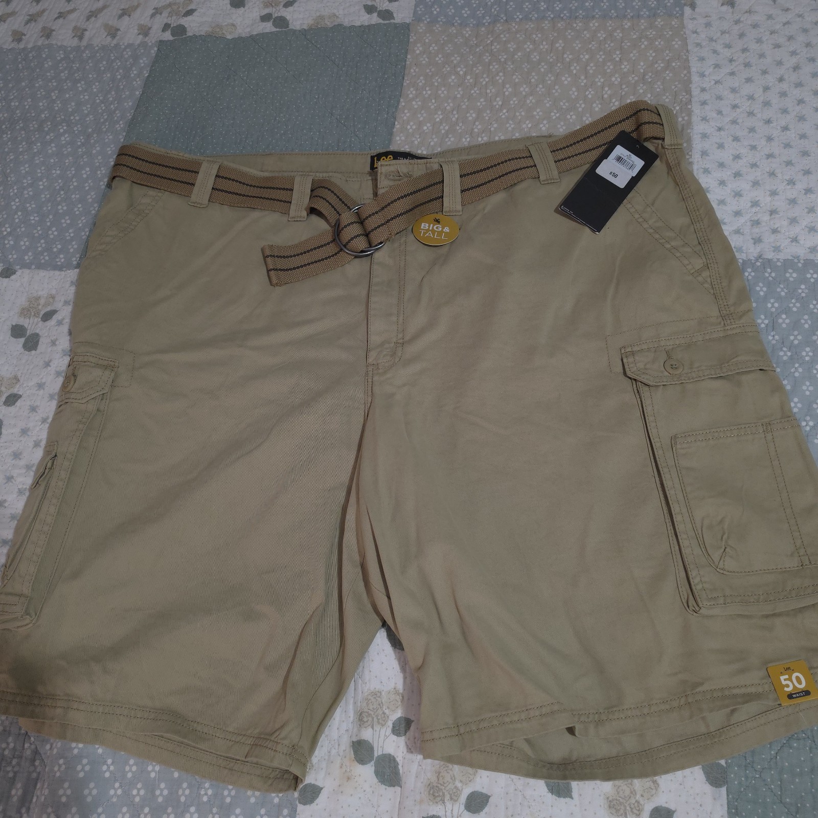 NWT Lee Men\'s Big & Tall Belted Wyoming Cargo Shorts Bourbon Khaki Size 50