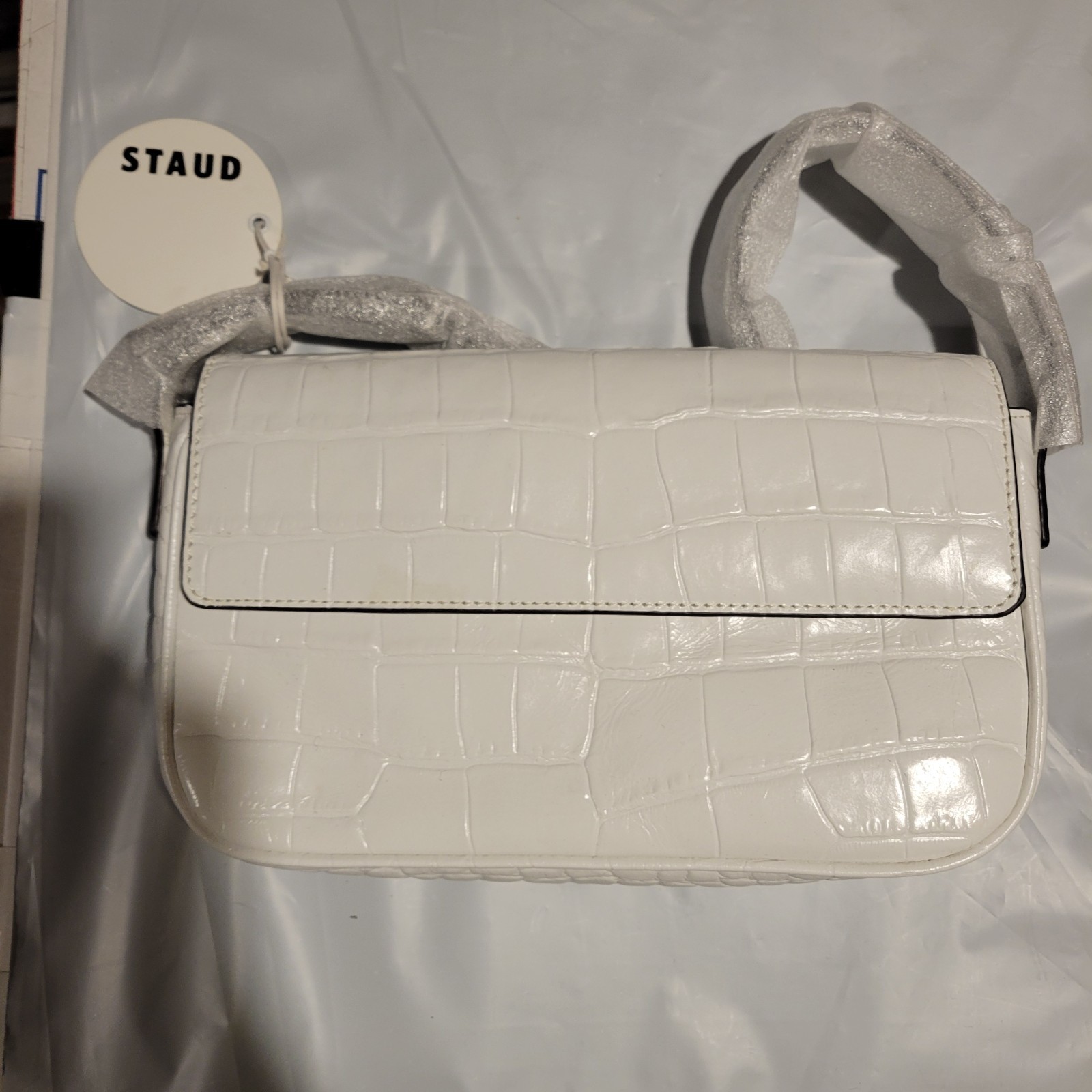 NWT Staud Tommy Croc Crocodile Leather Shoulder Bag Purse Saddle White Ivory NWT Staud Tommy Croc Crocodile Leather Shoulder Bag Purse Saddle White Ivory