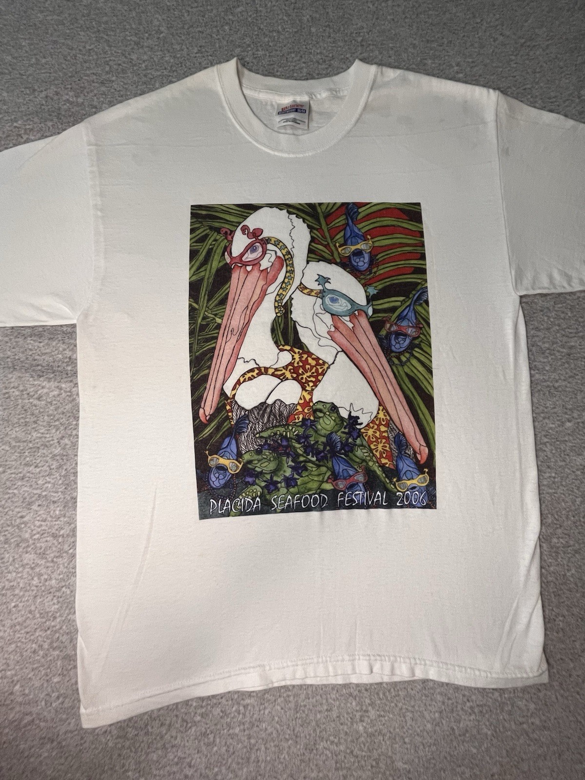 Vintage 2006 Placida Seafood Festival Art Tee Pelican Graphic Florida Hanes M