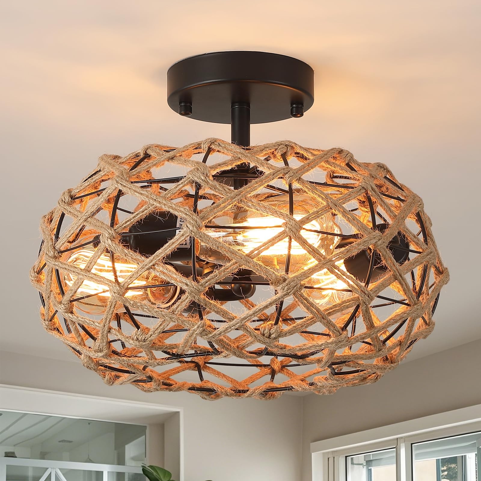 3-Light Coastal Woven Flush Mount Ceiling Light Fixture 13.38 inch Boho Rustic H