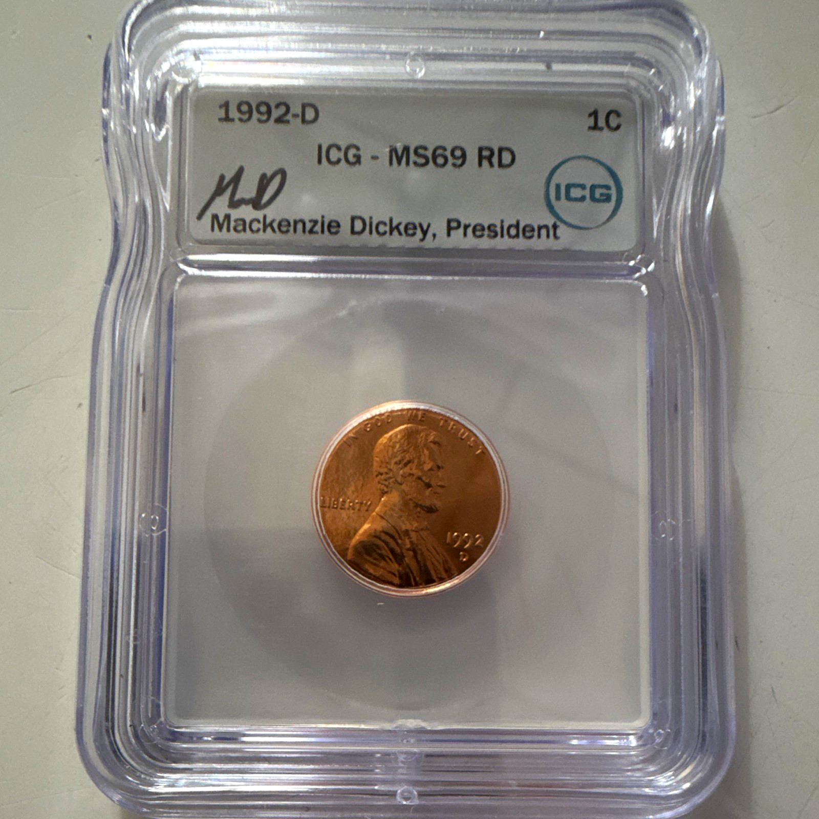 1992-D Lincoln Memorial Small Cent ICG MS69 RD Business Strike Copper.  Rare