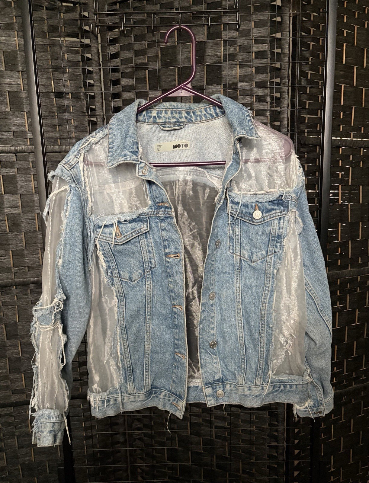 Topshop Moto Sheer Panel Distressed Denim Jacket