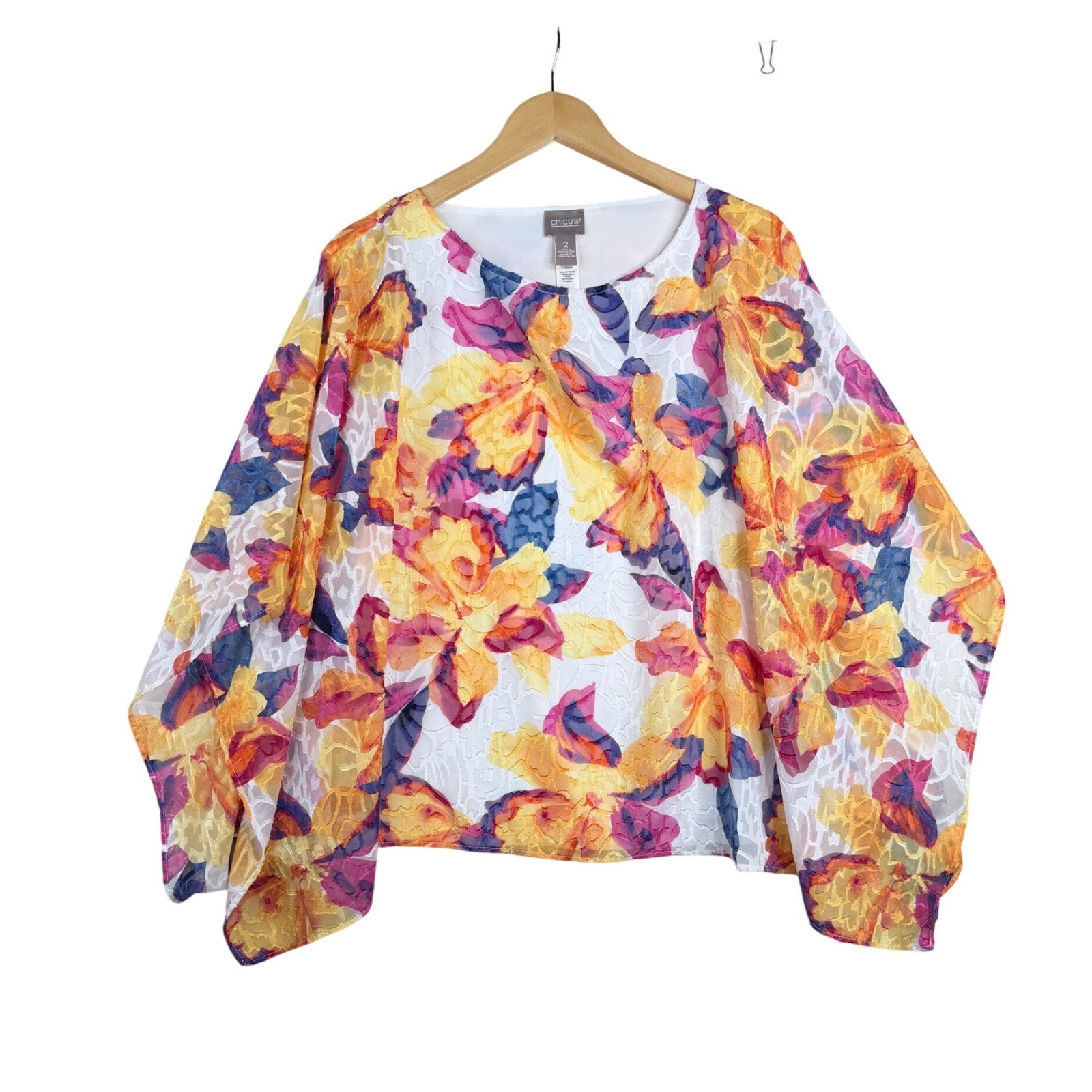 Chico\'s Vibrant Floral Print Batwing 2 Piece Blouse size 2 (US Large) White Chico\'s Vibrant Floral Print Batwing 2 Piece Blouse size 2 (US Large) White