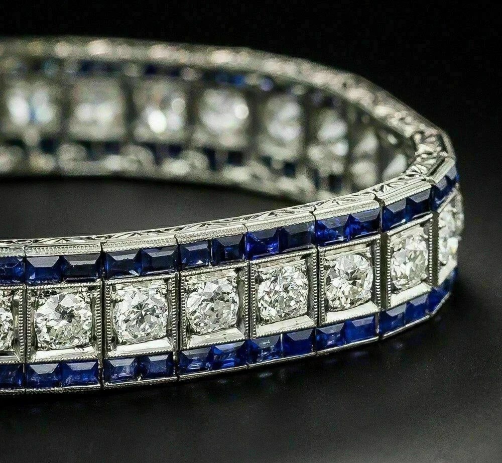 15.00 Ct Lab Created Blue Sapphire Men\'s Tennis Bracelet 14k White Gold Plated