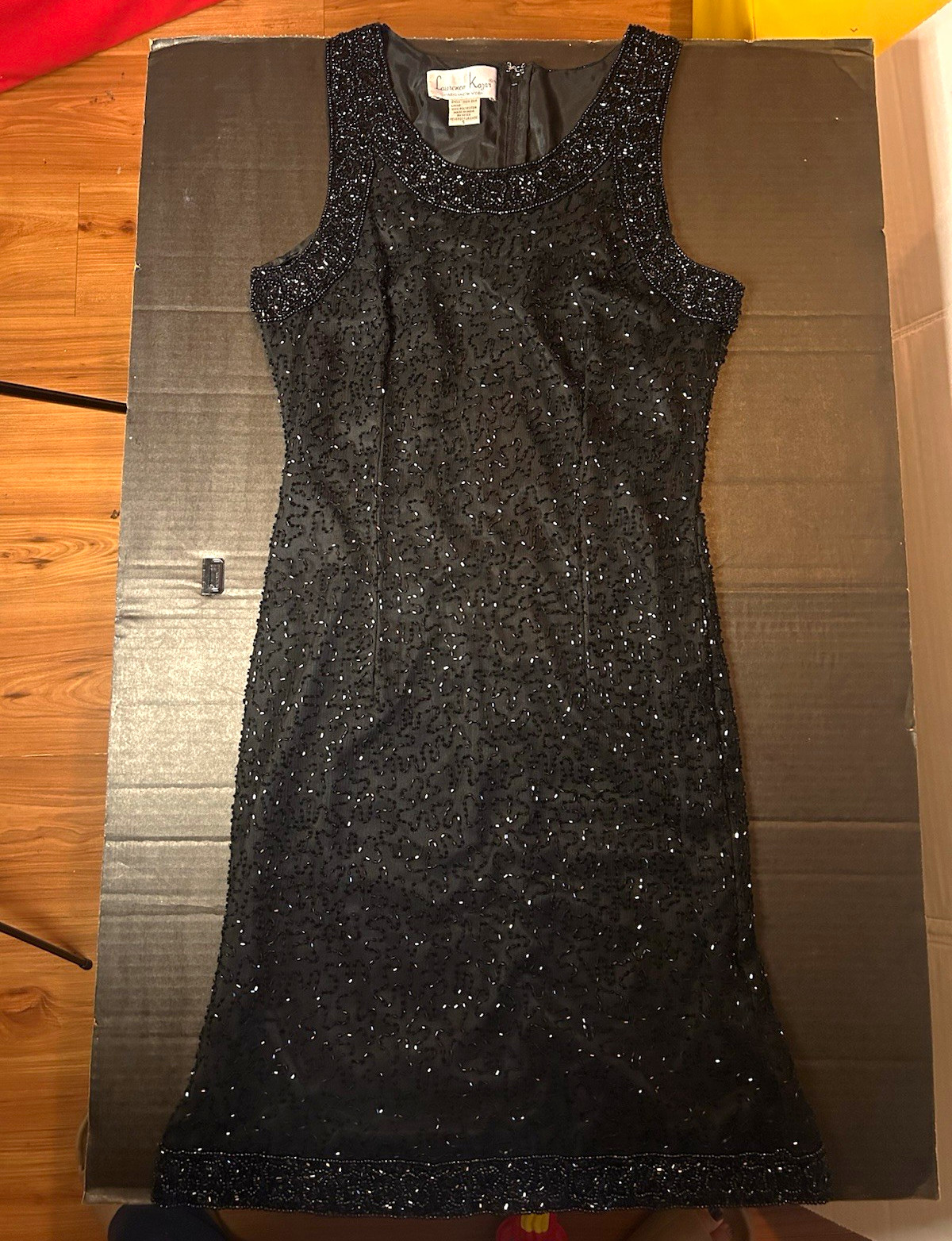 Laurence Kazar Black Beaded Sequin Sheath Knee Dress Scoop Neck Size S