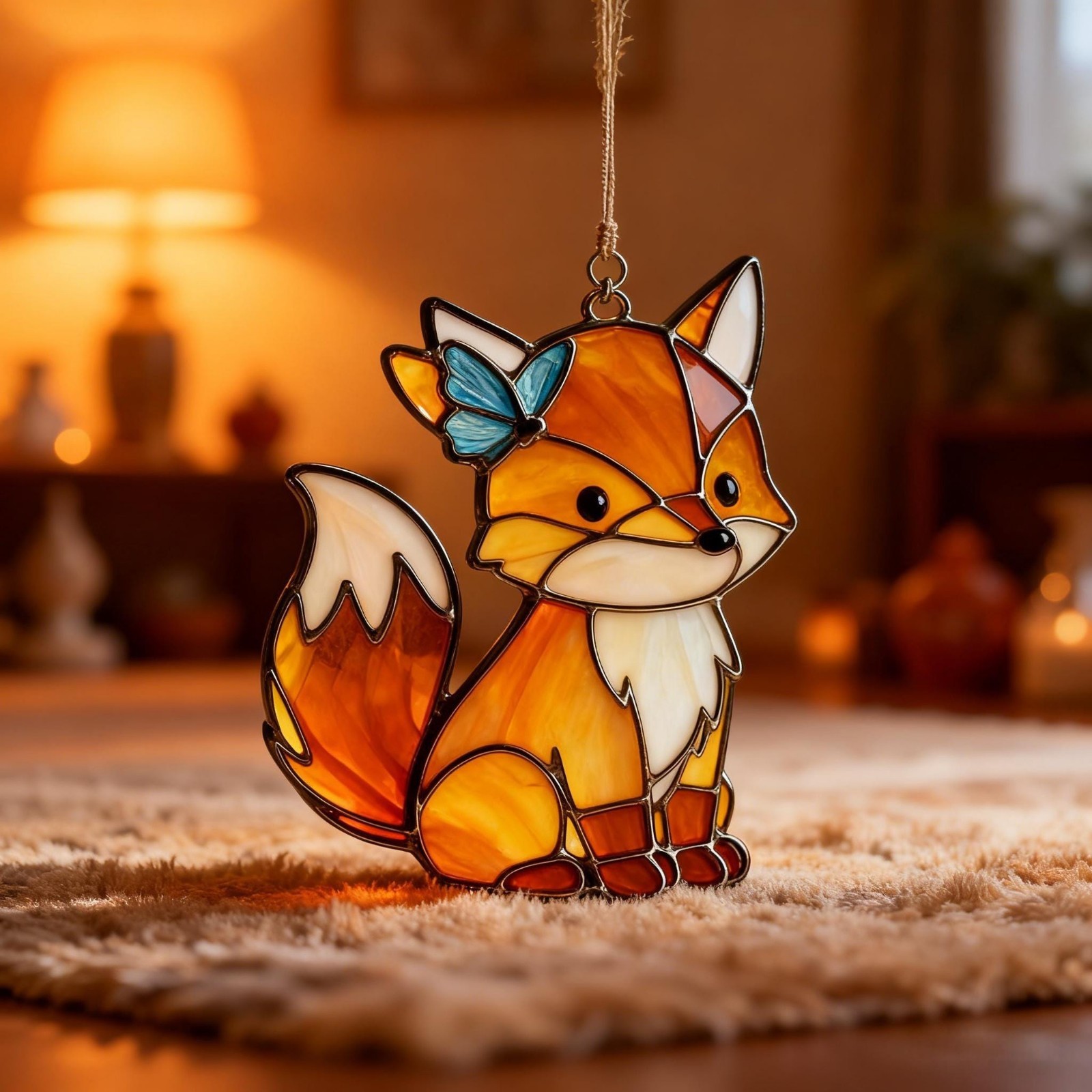 Handmade 2D Acrylic Fox Suncatcher with Blue Butterfly, Cute Woodland Animal