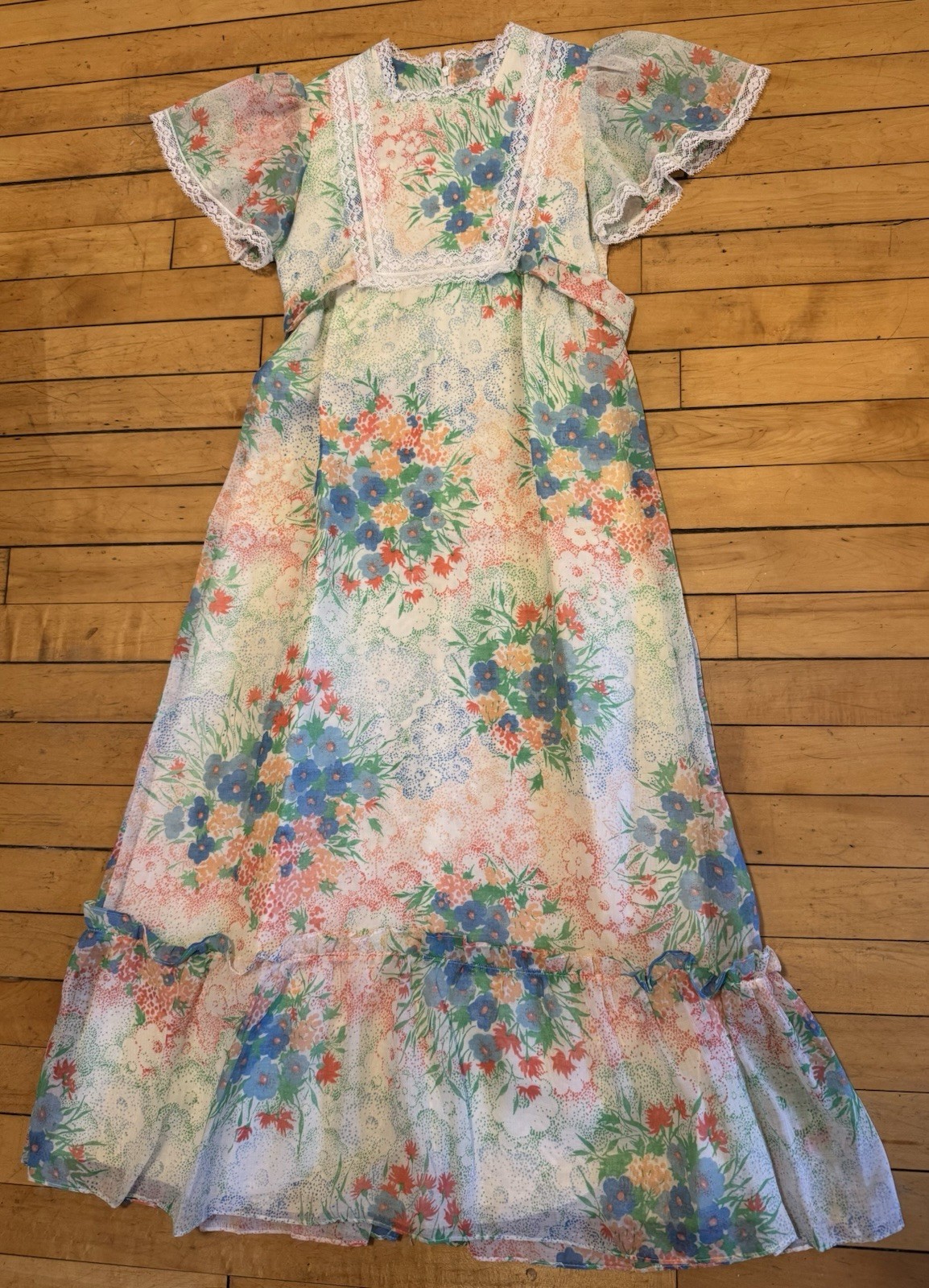 Vintage 70s RAR Designer Floral Prairie Maxi Dress Lace Flutter Sleeve Boho Sz 8