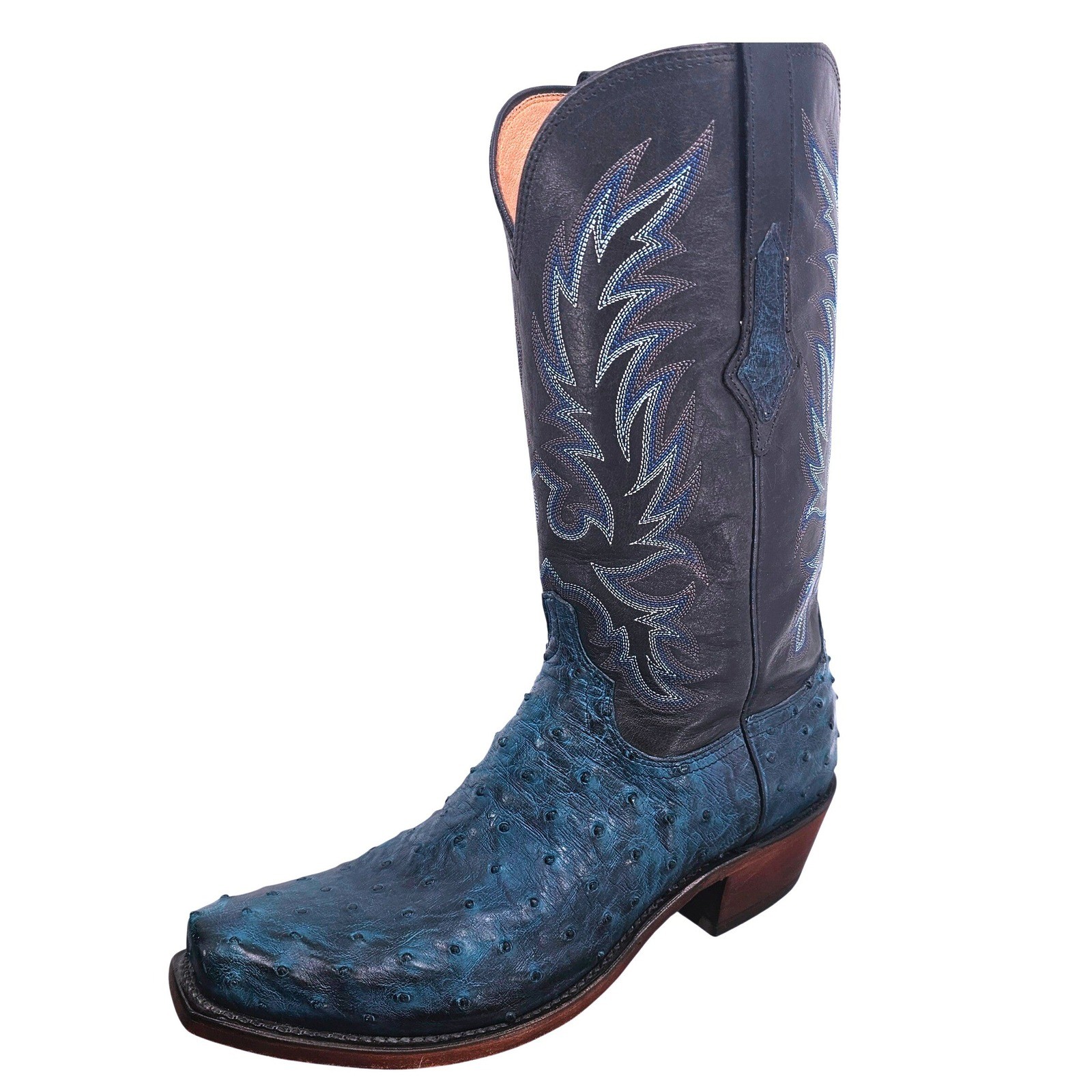 LUCCHESE MENS FULL QUILL OSTRICH COWBOY BOOTS BLUE BLACK SQUARE TOE N11887 10 D