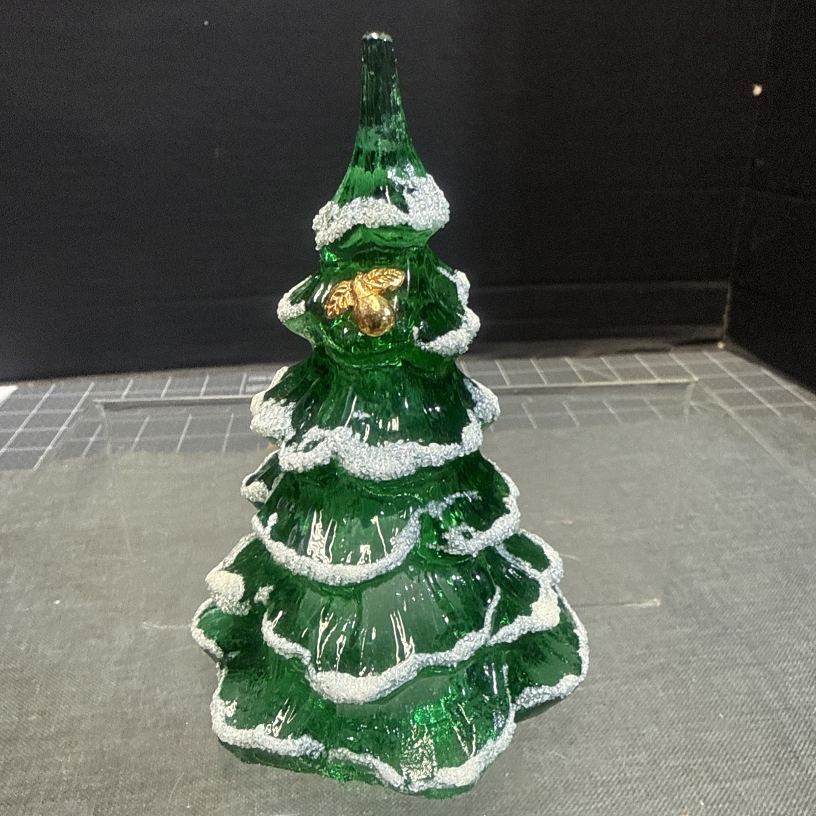 VTG Fenton green Christmas Tree With Gold pear 4” Tall