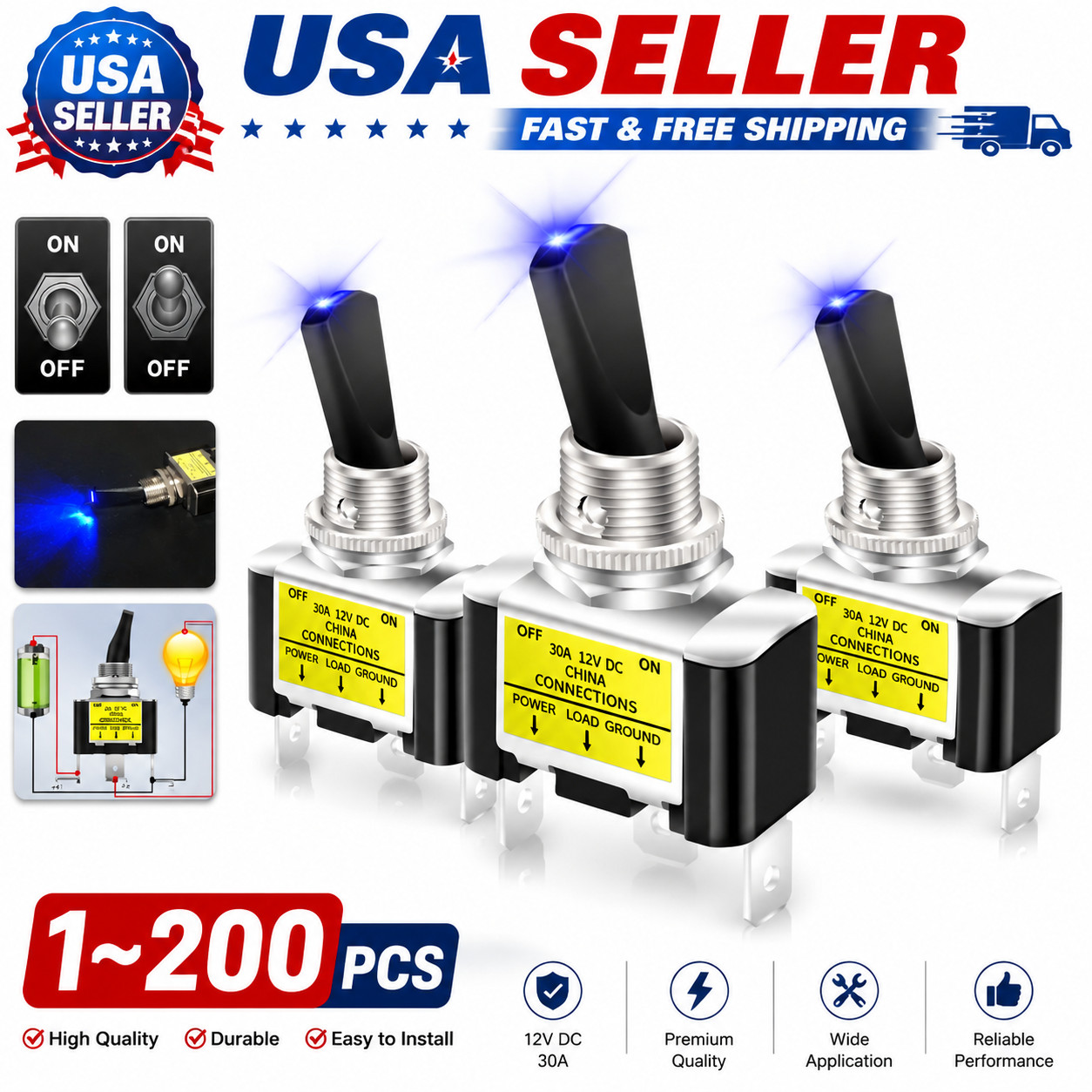Blue LED Light 3Pin Rocker Toggle ON/Off Switch 30A 12V for Car Boat Marine Lot