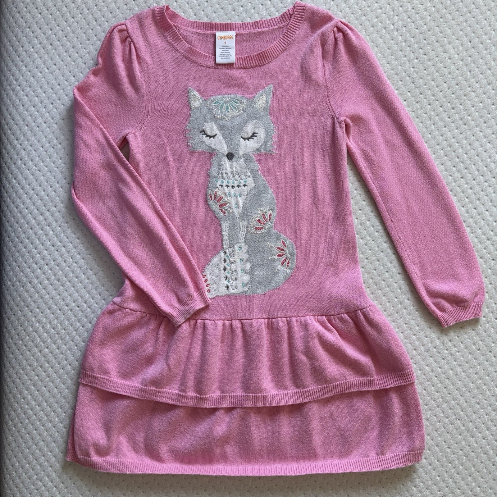Gymboree Girls Size 6 Pink Fox Sweater Dress Long Sleeve 100% Cotton