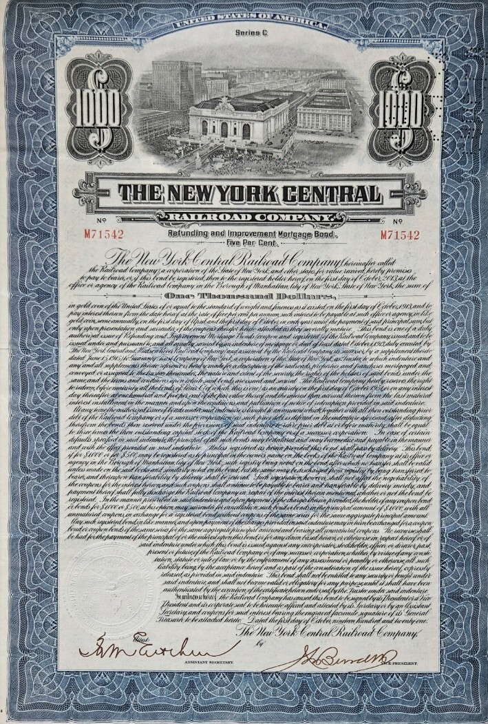 Rare Antique 1921 New York Central Railroad $1000 5% Bond Certificate Blue