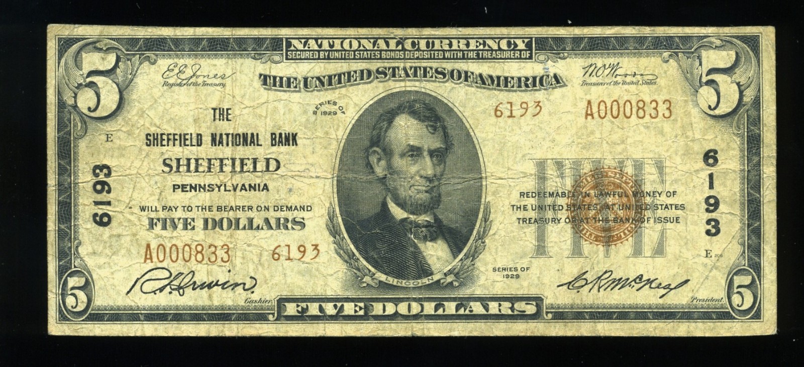 1929 $5 THE NB SHEFFIELD PA