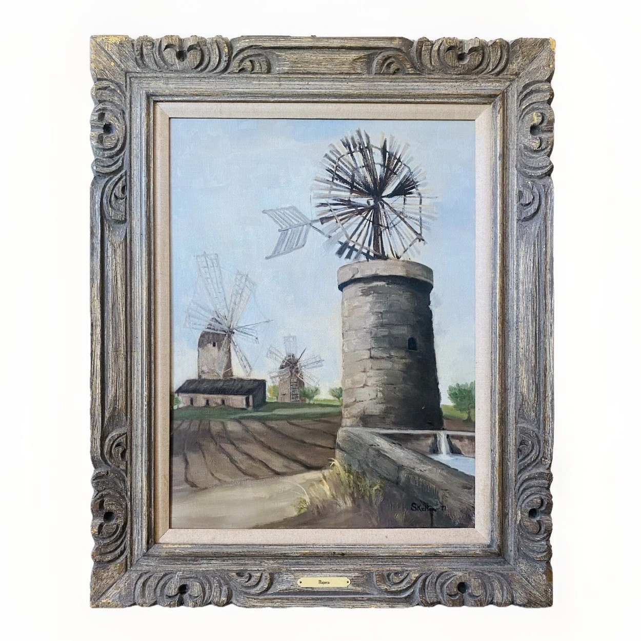 1971 Signed Palma de Majorca Windmills Landscape Painting Oil on Canvas 32”H