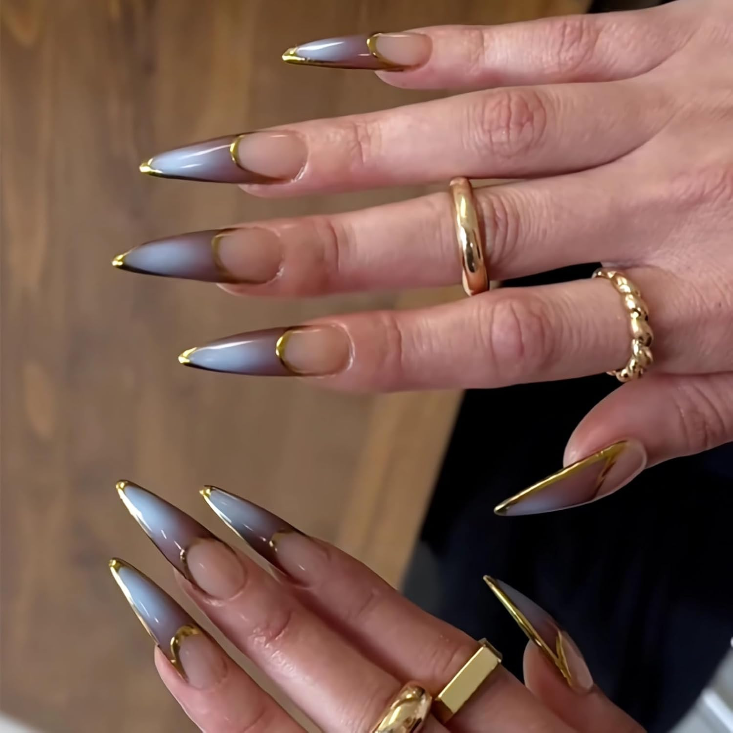 MISUD Press on Nails - Long Stiletto Fake Nails with Ombre, Acrylic Gold Chrome