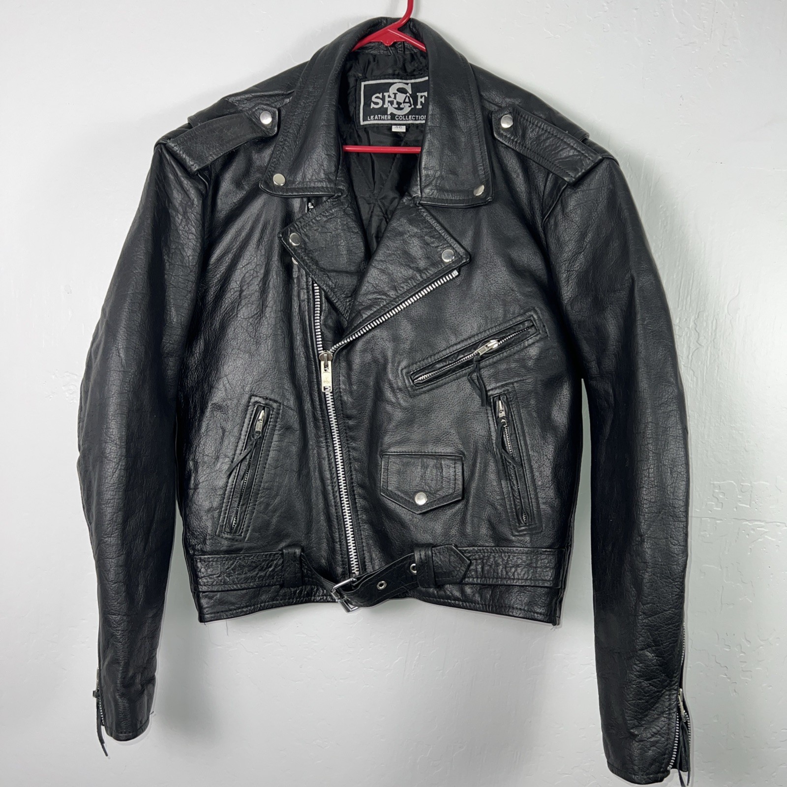 Vintage Shaf Black Leather Jacket - Motorcycle Biker Style, Size 46 ✅