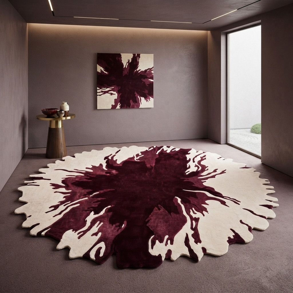 Hand Tufted Wool Rug Burgundy Ivory Round Abstract Irregular Modern Area Carpet