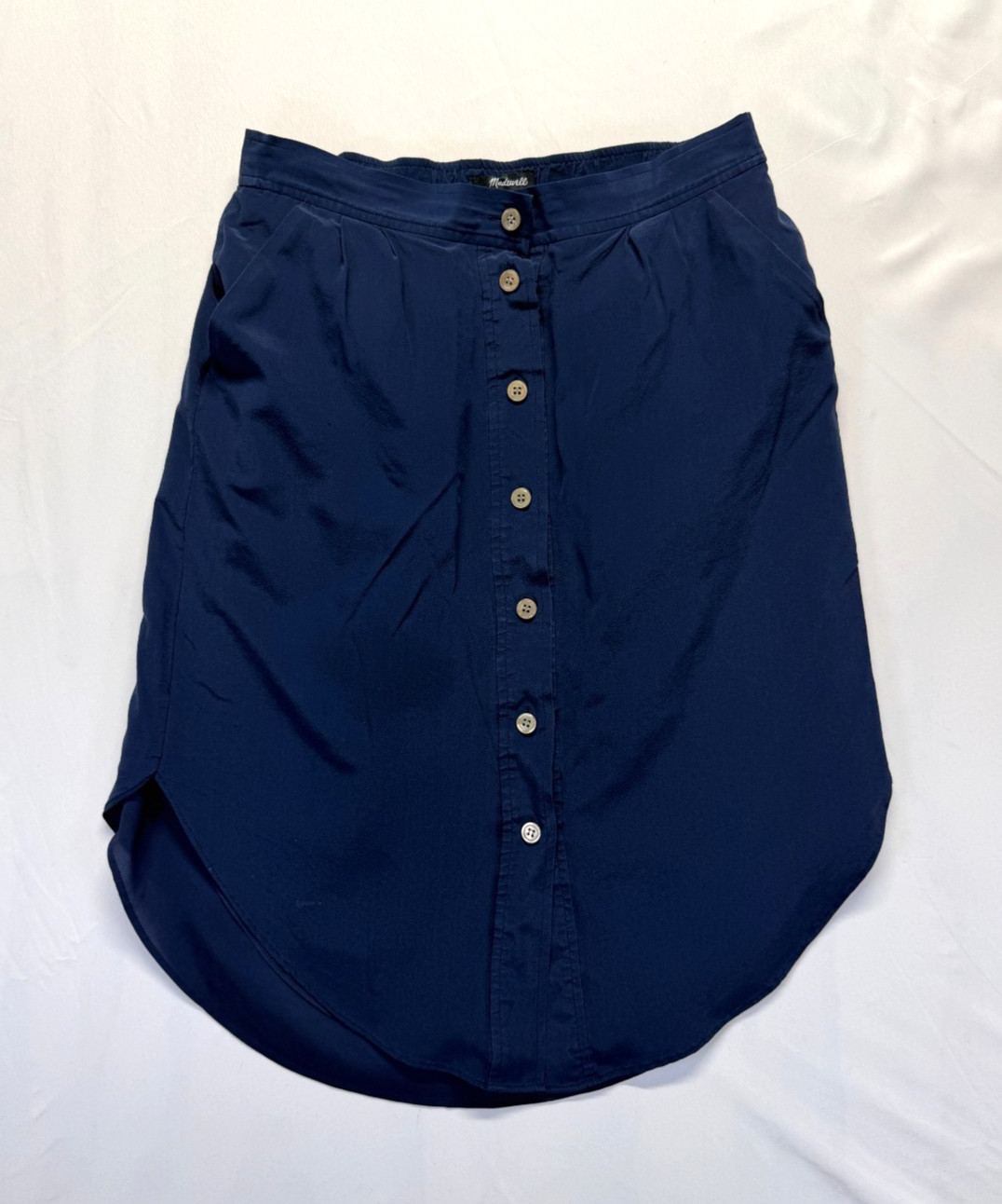 Madewell Tulip Midi Skirt Womens M Navy Blue Lightweight Curve Hem Button Front