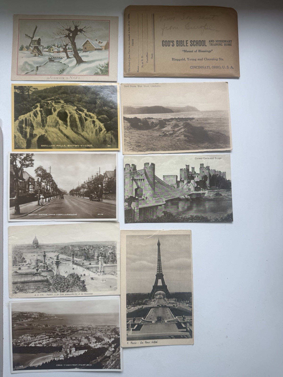 Vintage Europe Postcard Lot Wales Paris Belgium 8 Cards w/ Envelope