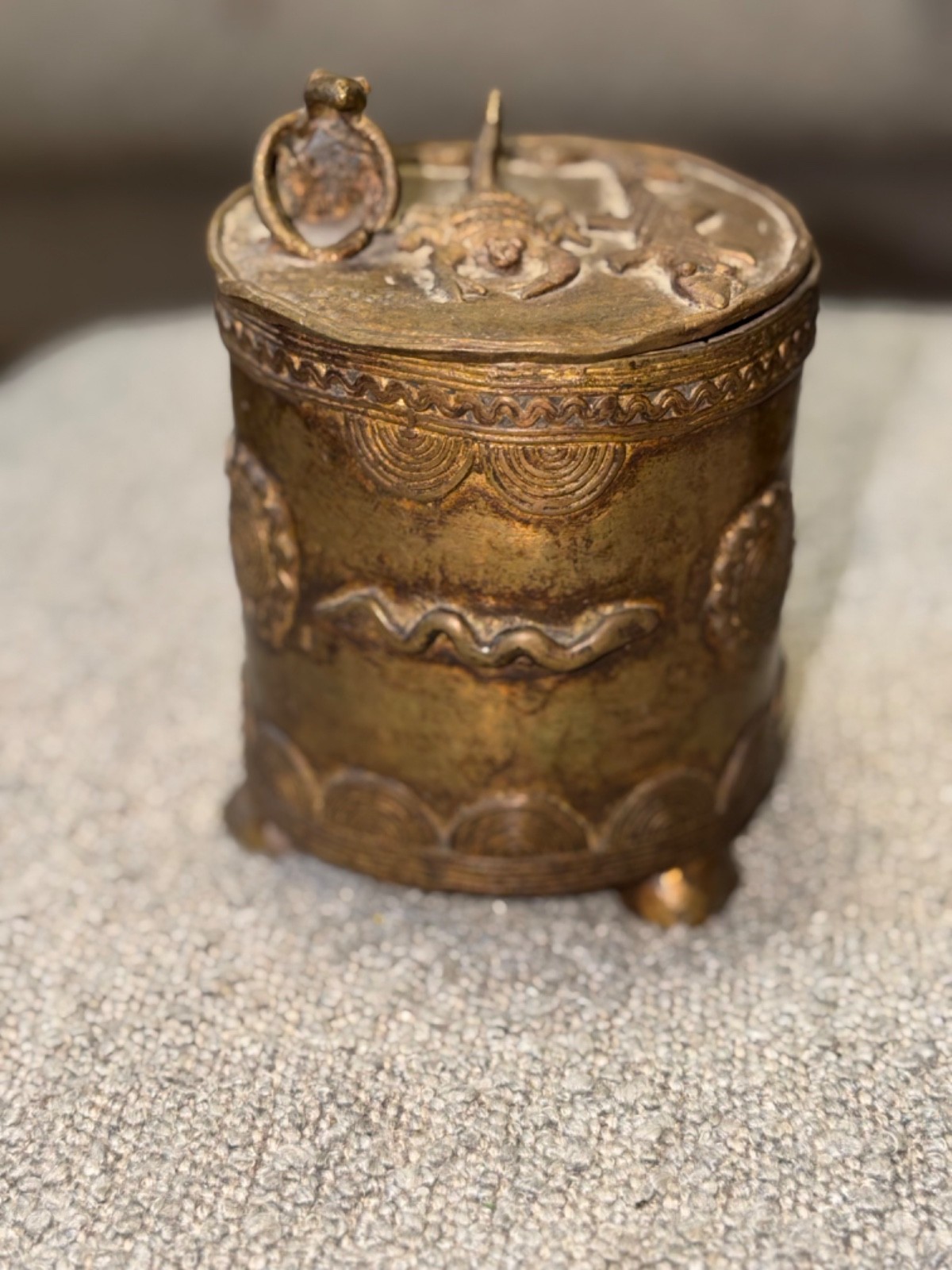Authentic Vintage African Brass Kuduo Box Lid with Scorpion & Crocodile - Heavy 