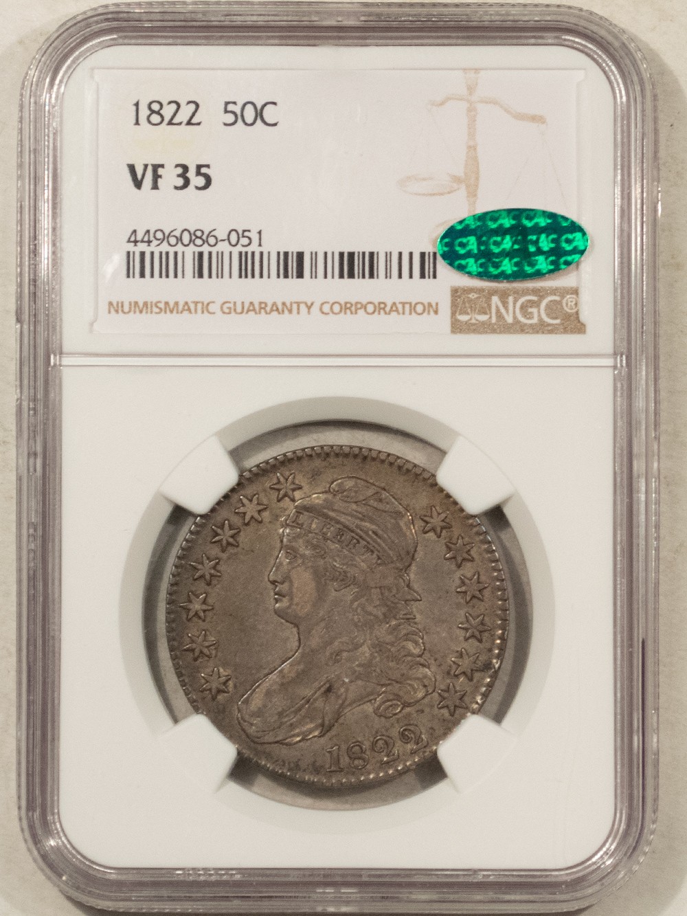 1822 CAPPED BUST HALF DOLLAR - NGC VF-35, SUPER ORIGINAL, CAC APPROVED
