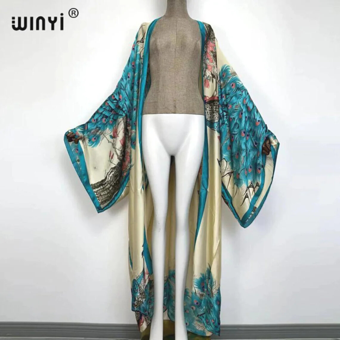 Black Peacock Kimono Batwing Cardigan Silky Robe Beach Kaftan Robe Pink Abaya